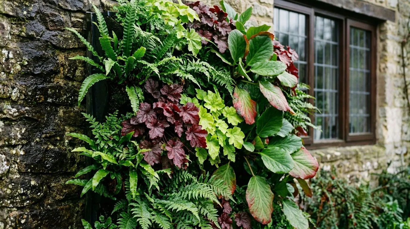 Shaded living wall in a UK cottage garden densely planted with hardy ferns, heuchera and bergenia for winter cover