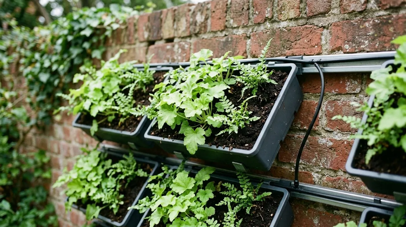 Close-up of a modular tray living wall system on a UK garden wall showing 50cm plastic cassettes clipped to metal rails