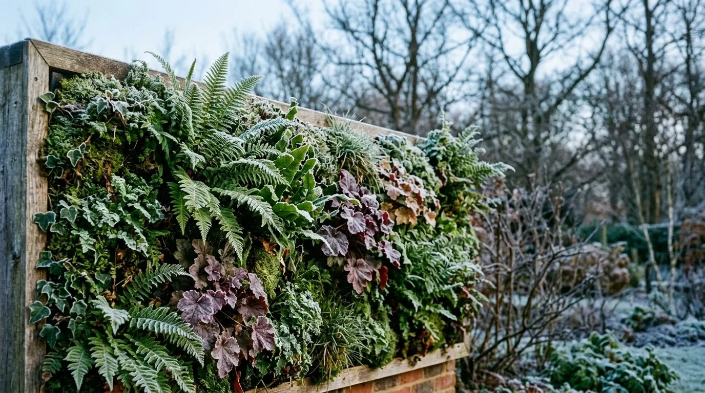 Living wall in winter frost showing evergreen ferns and heuchera keeping a UK wall green in December
