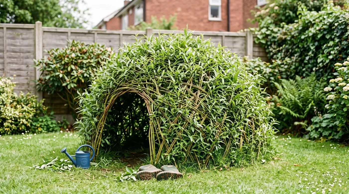 A living willow dome woven from green withies on a mown suburban lawn with a child-height doorway