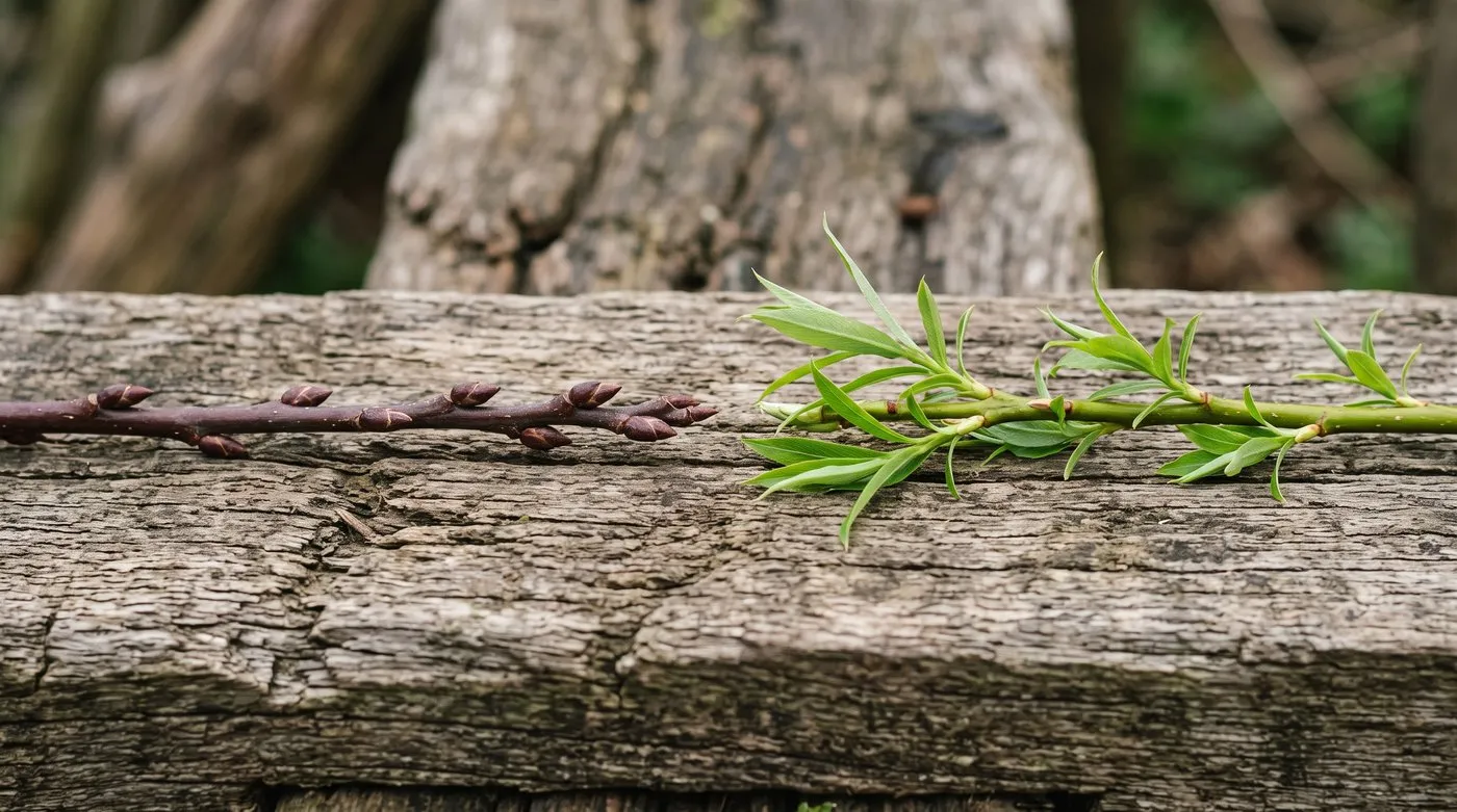 Close comparison of a dormant bare willow rod beside a rod that has broken into leaf showing which one will root