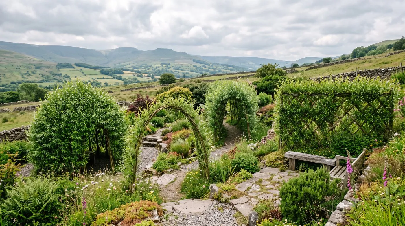 Four small living willow structures shown side by side in a Welsh garden: a dome, an arch, a short tunnel and a woven fence panel