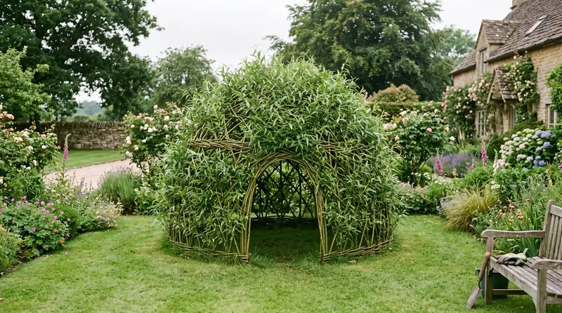 A living willow dome woven from green withies standing on a mown lawn in a UK garden
