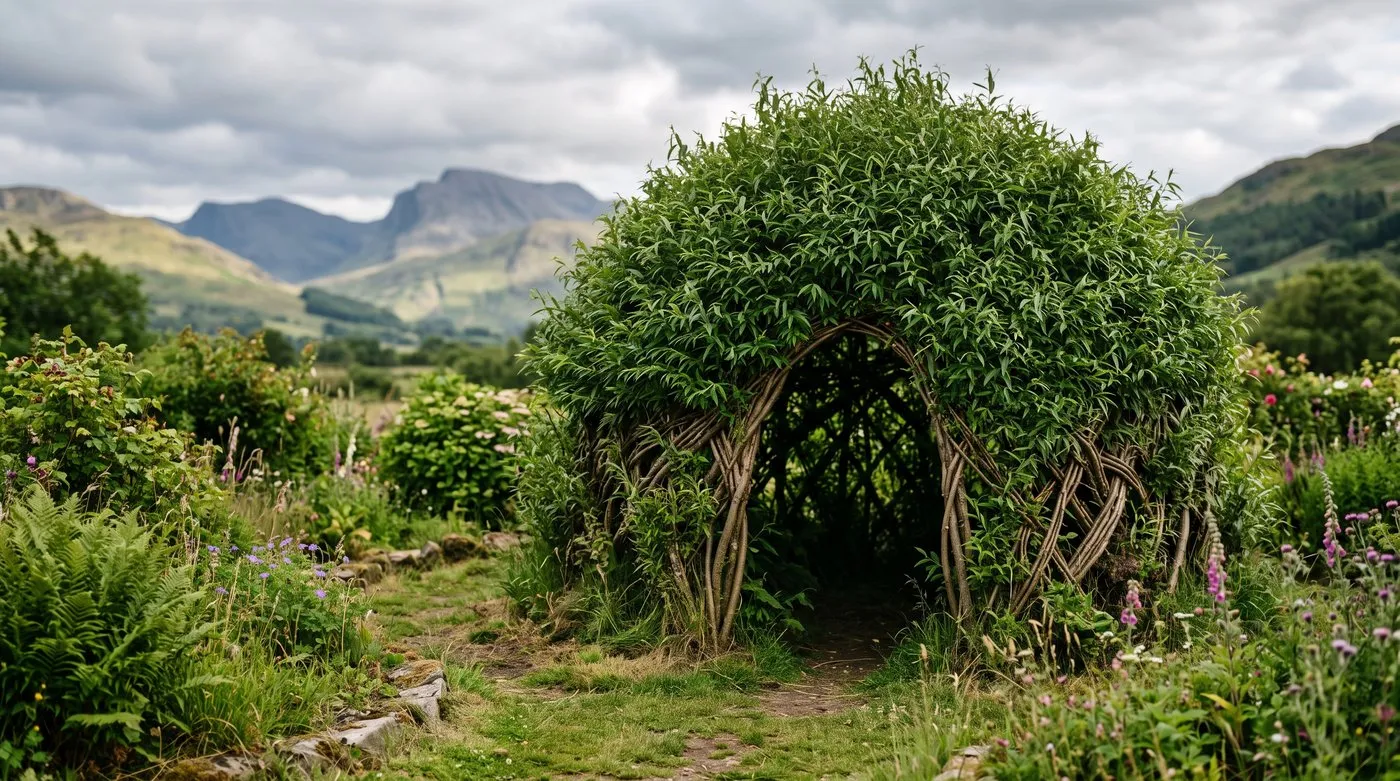 A mature, densely woven living willow dome with thick leafy walls in a Scottish country garden three years after planting