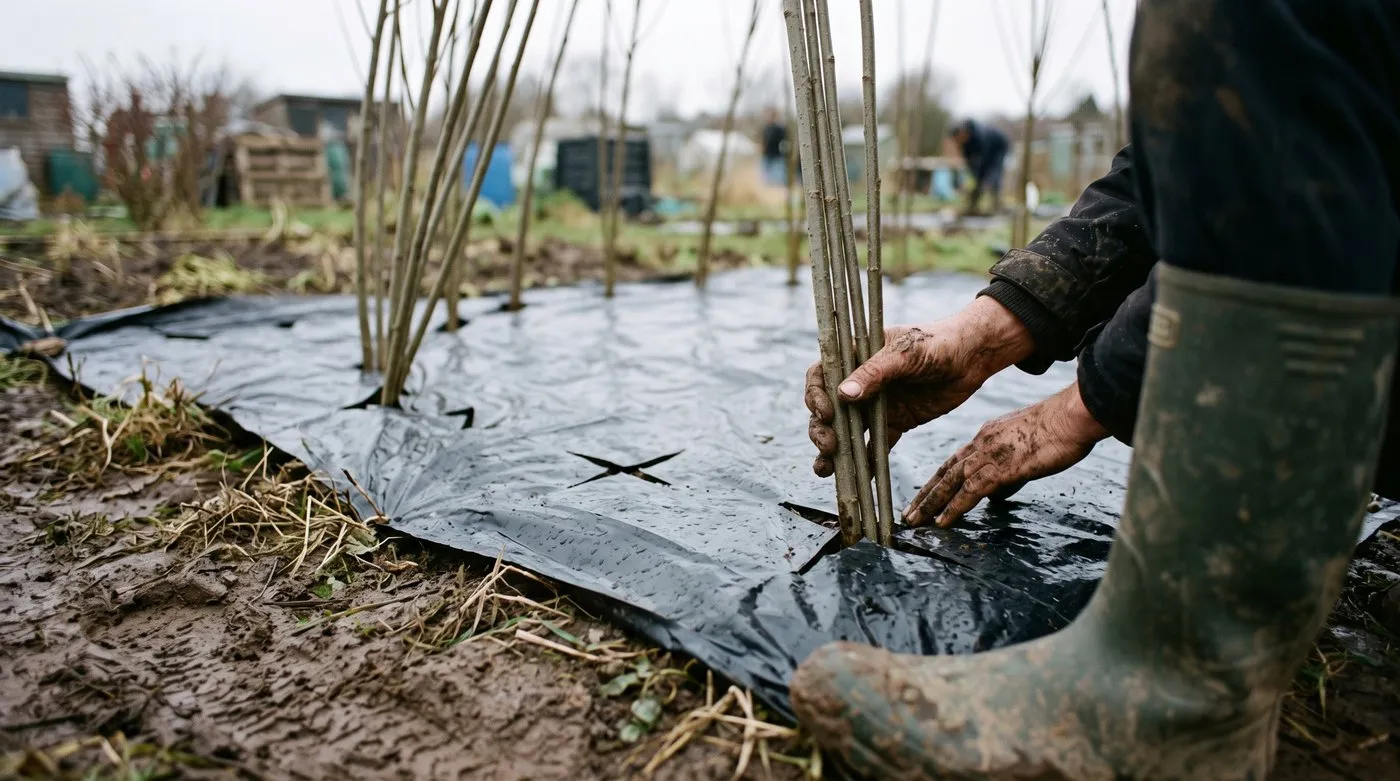 A gardener pushing dormant willow rods through slits in weed membrane to form the circle of a dome in an allotment plot