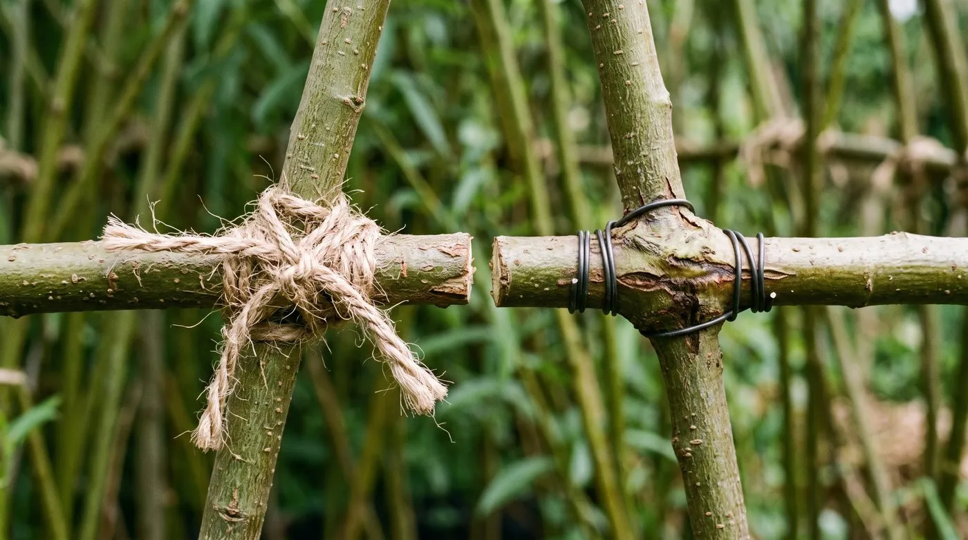 Detail of a willow joint tied with soft jute string beside a joint where wire has cut into the swelling stem