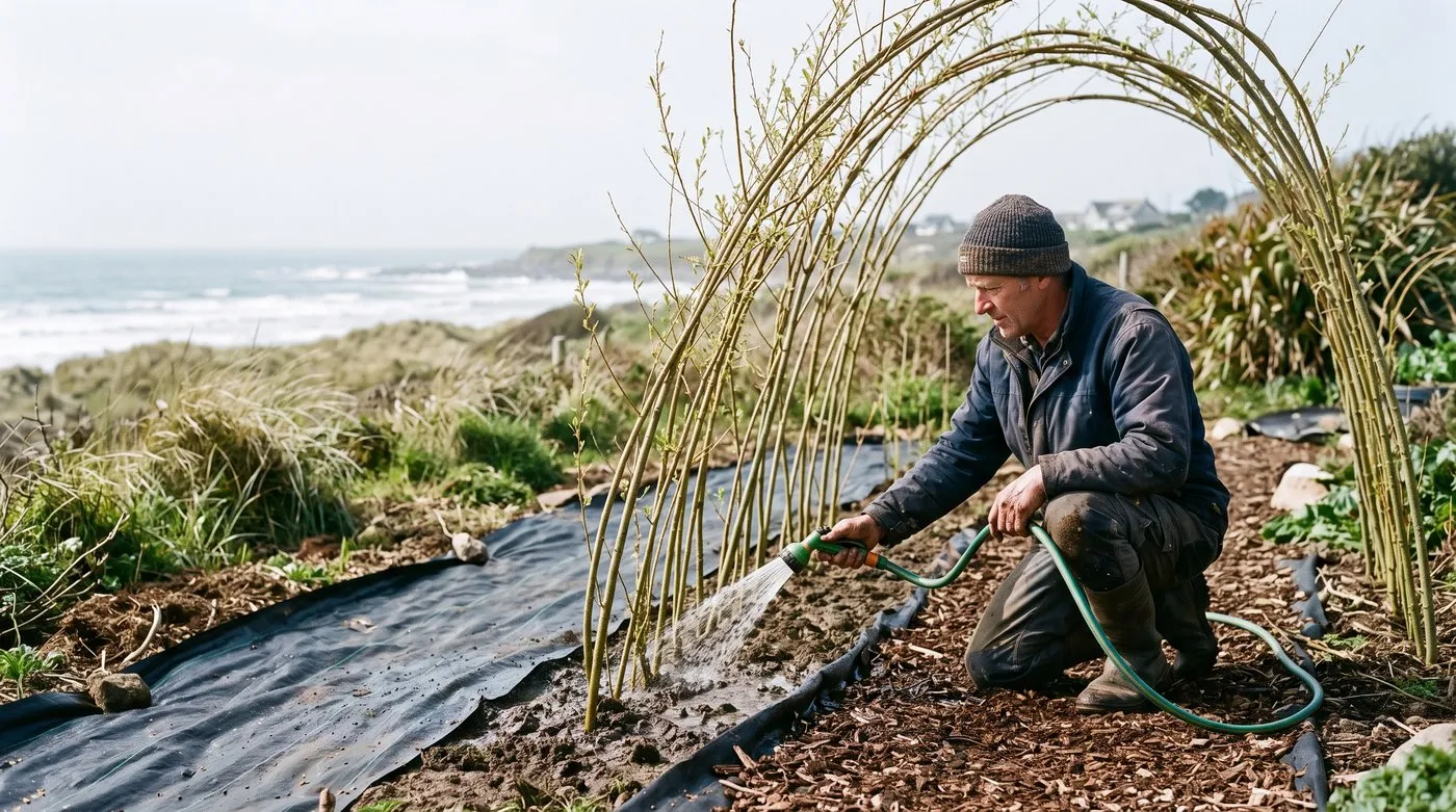 A gardener watering the base of a young living willow tunnel with a hose in a seaside garden with weed membrane keeping the base clear