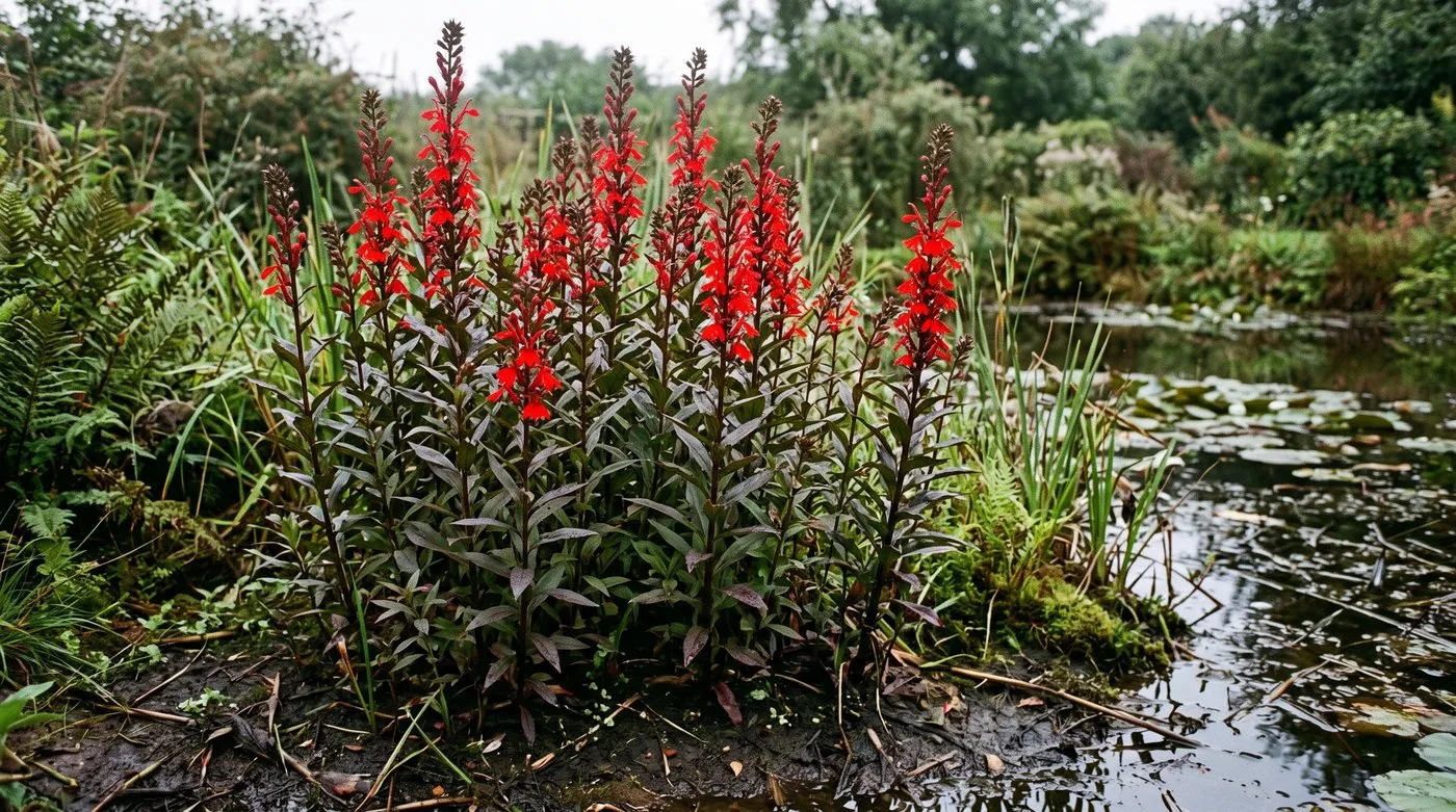 Scarlet Lobelia cardinalis spikes growing in damp soil at the edge of a garden pond