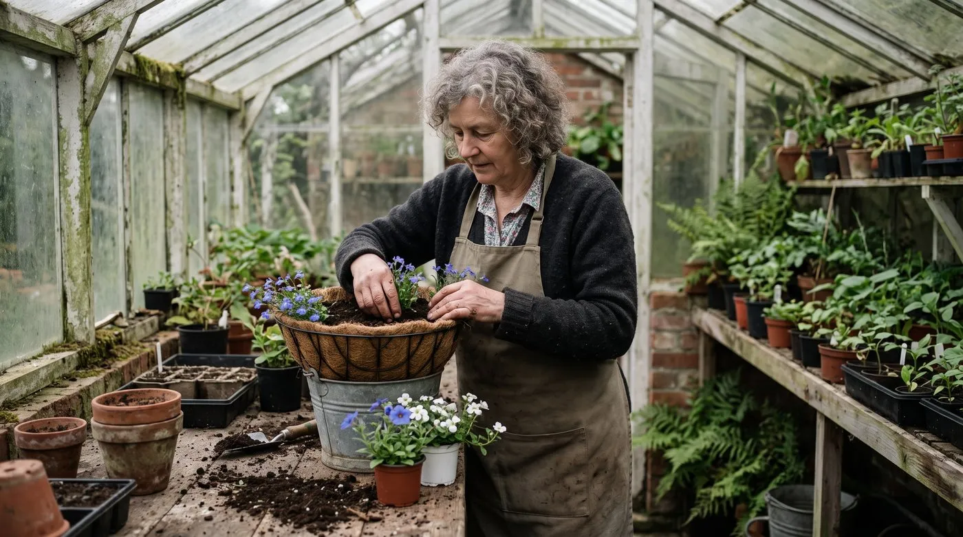 Woman planting trailing lobelia plugs around the edge of a lined hanging basket