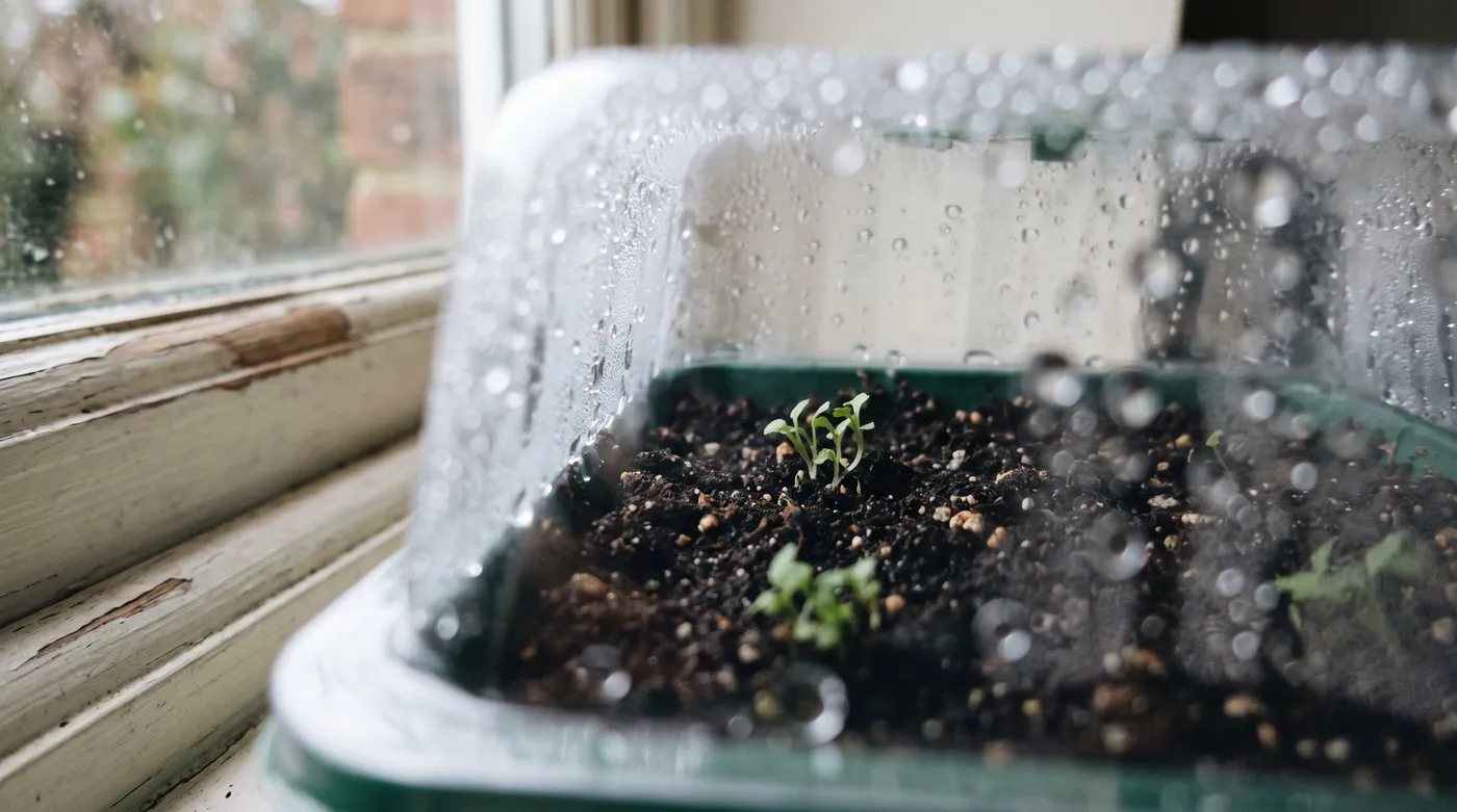Tiny lobelia seedlings in clumps on damp compost under a clear propagator lid