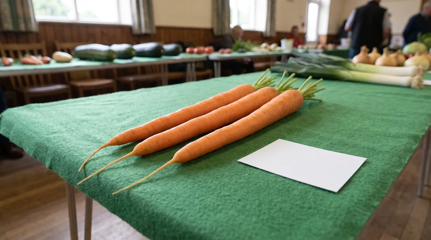 Three matched long show carrots with slender unbroken tips laid on green felt at a village hall show