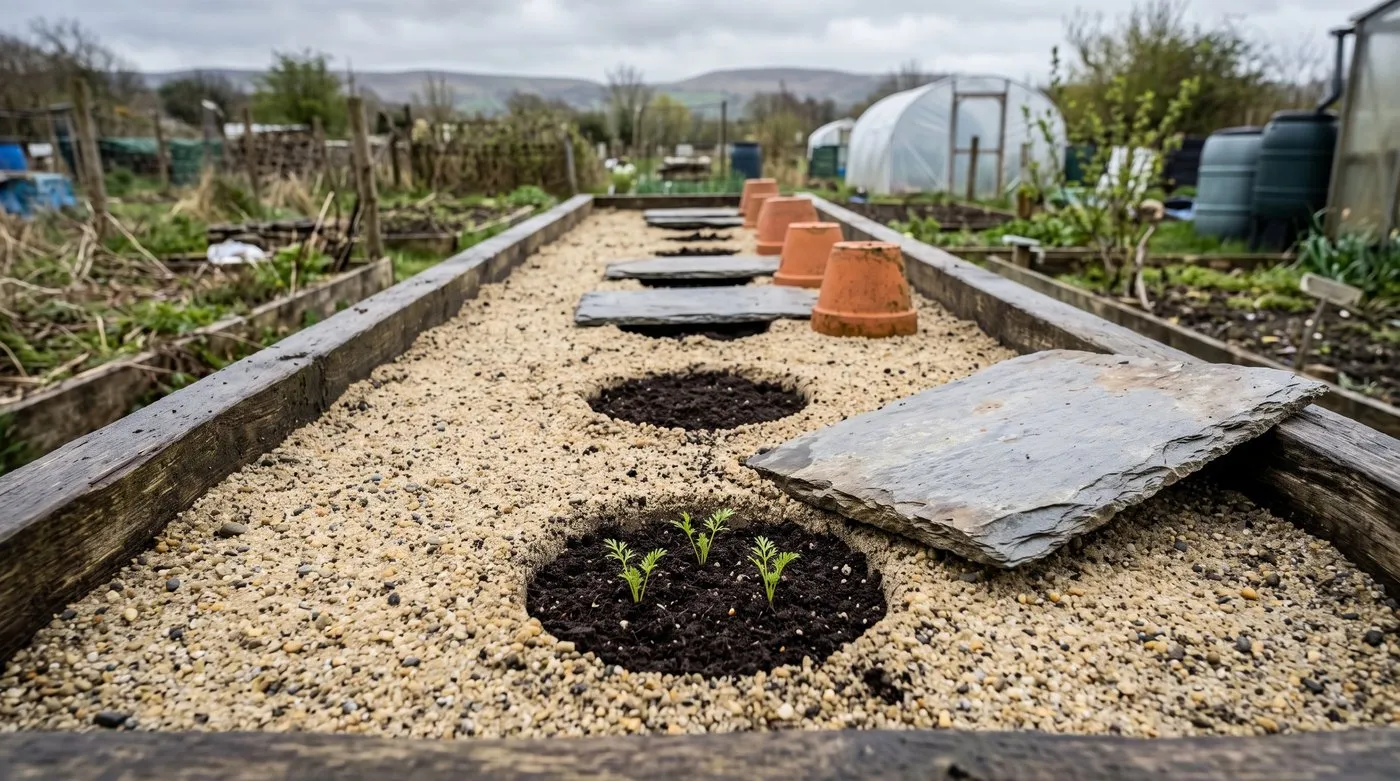 Row of filled bore holes in a sand bed, one with tiny carrot seedlings and its slate cover lifted off