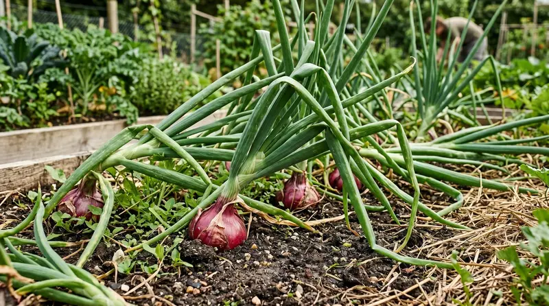 Mature UK onion plants in a sunlit kitchen garden in midsummer with long green stems flopping over to signal harvest time as