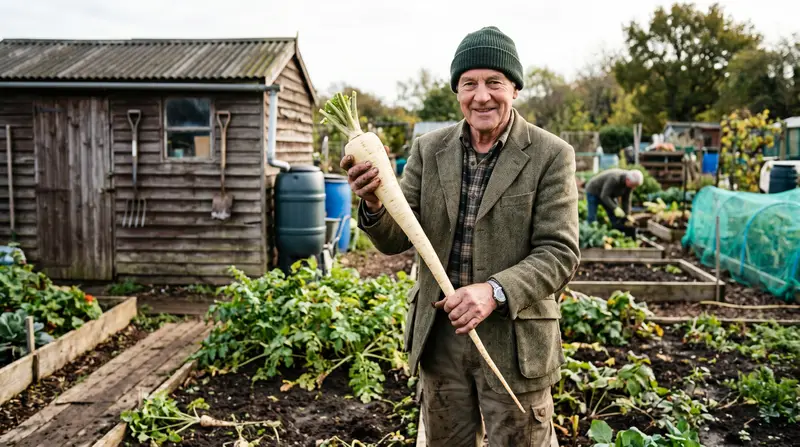 A grower holding up a single very long clean tapering exhibition parsnip on a UK allotment
