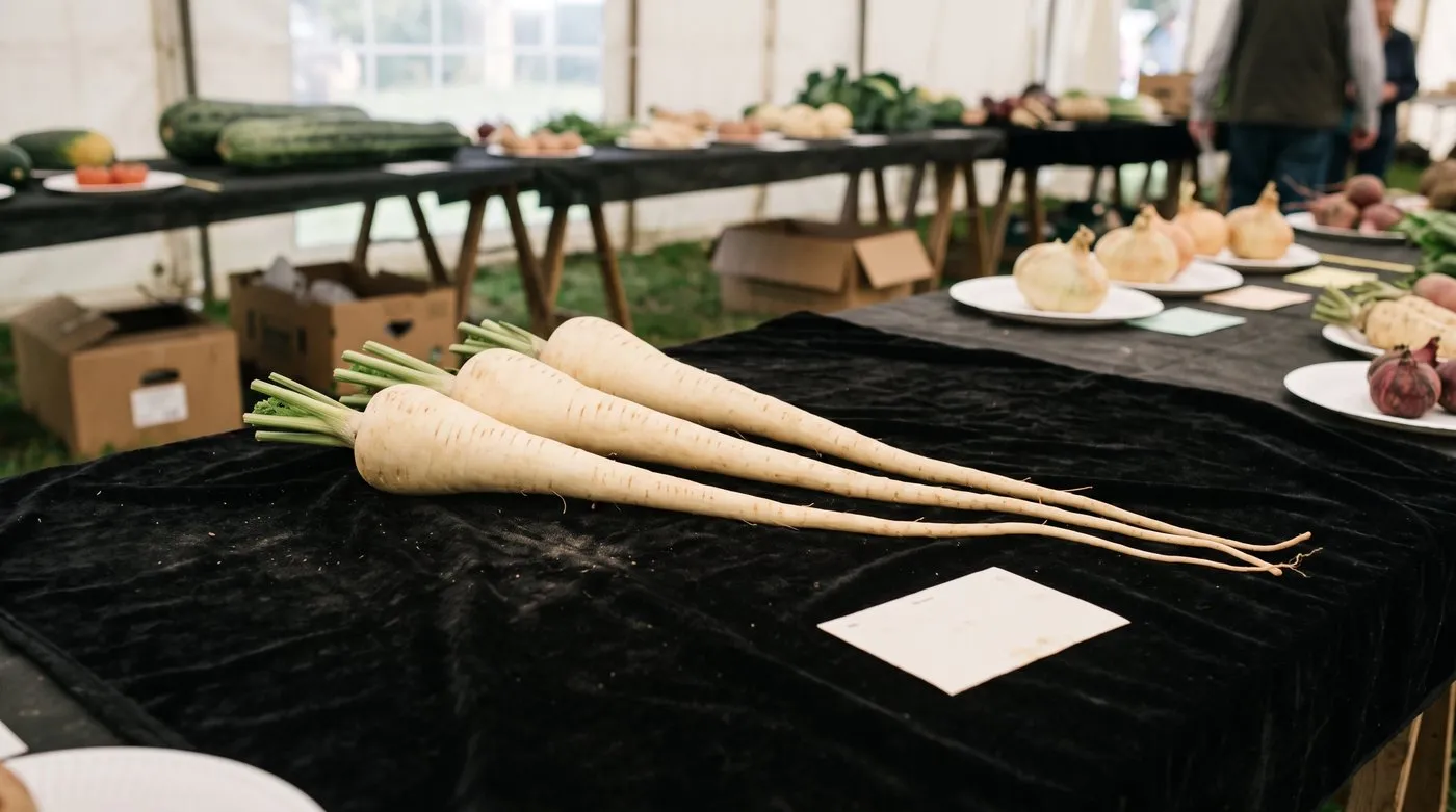 Three matched long show parsnips with smooth shoulders and aligned tapers on black cloth at a vegetable show