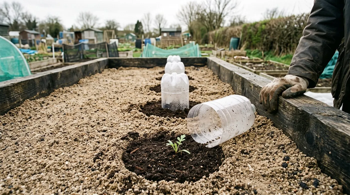 A single parsnip seedling in a filled bore hole in a sand bed, with a clear bottle cloche lifted off beside it