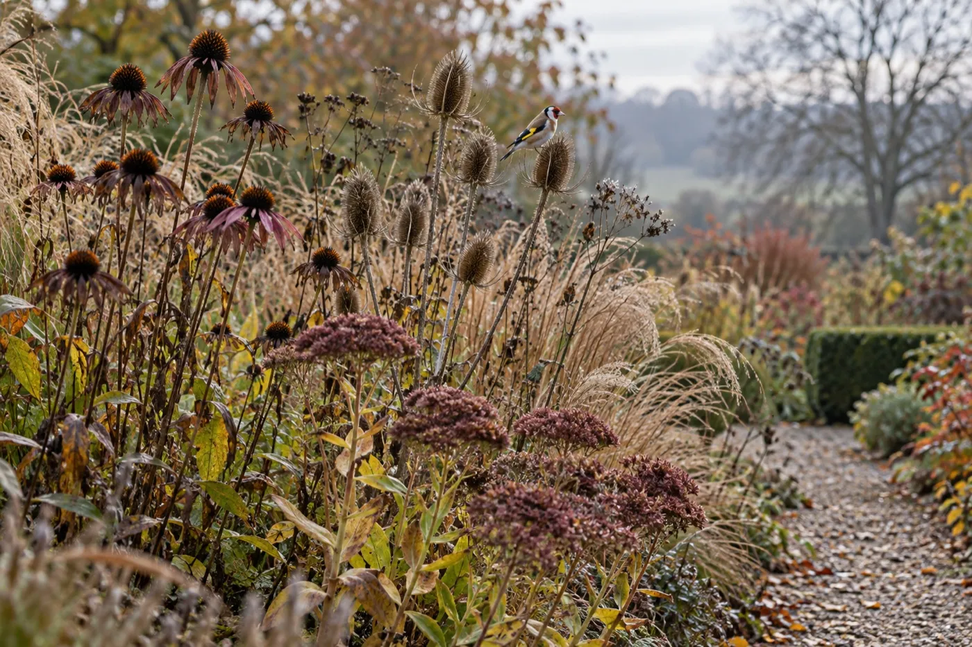 Illustrative seedheads and grasses left standing in a UK autumn border, not Longmeadow