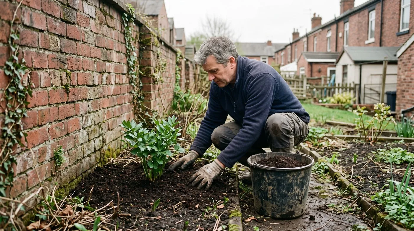 Man mulching around a young lovage plant at the back of a border by a brick wall