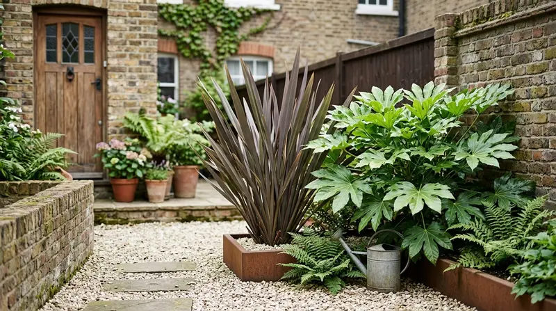 Architectural plants in a London courtyard with Phormium, Fatsia japonica and gravel for low-maintenance structure
