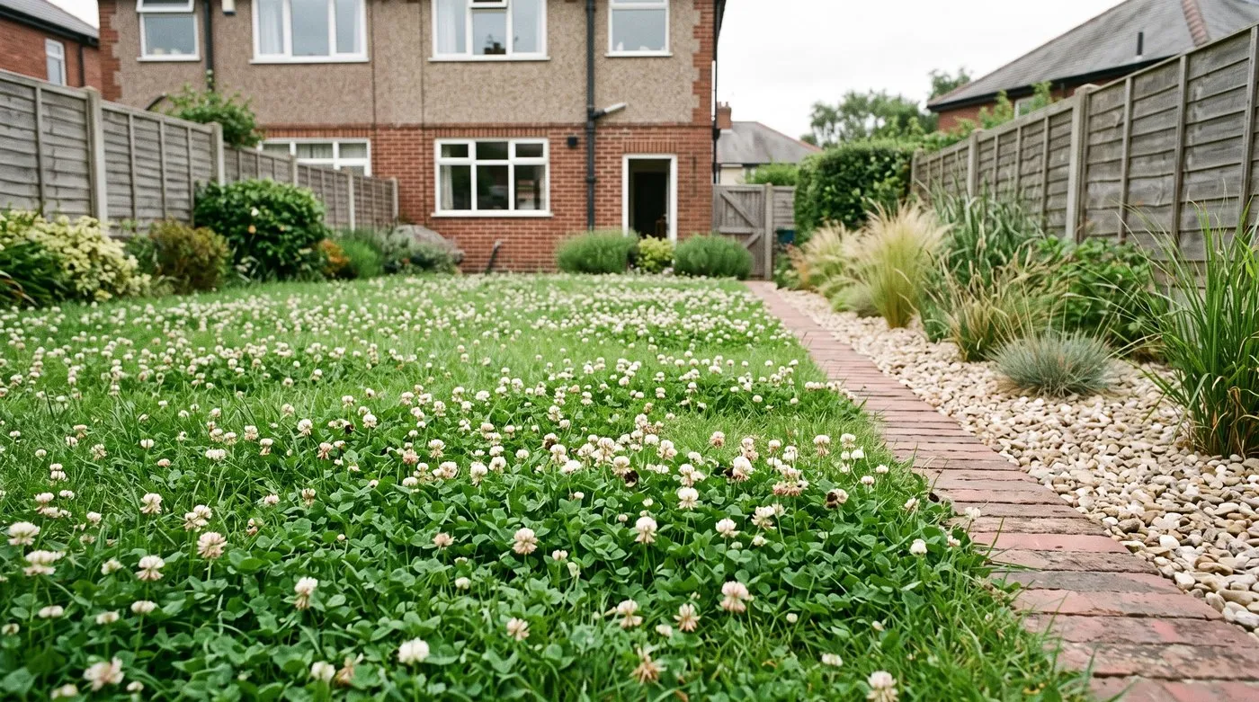 Small clover lawn with white flowers and a flush brick mowing edge beside a gravel border