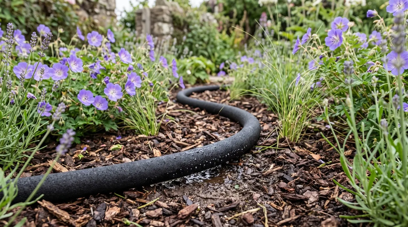 Soaker hose weeping water into the soil between geraniums and lavender in a summer border