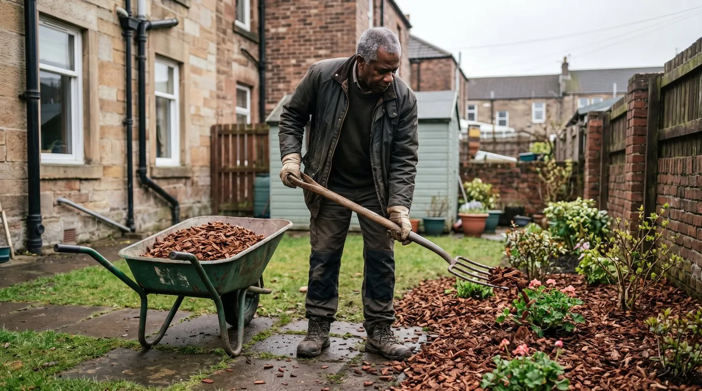 Gardener spreading a thick layer of bark chips over weeded soil between young shrubs