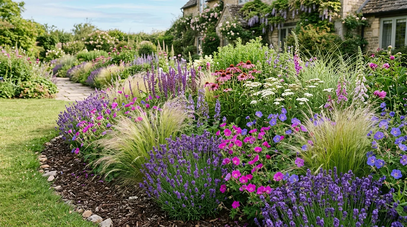 Mixed perennial border with lavender, ornamental grasses and hardy geraniums in full flower with bark mulch