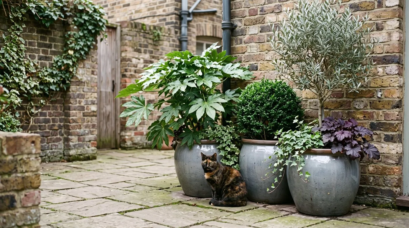 Large glazed pots of fatsia and evergreens in a city courtyard, with a cat sitting on the paving