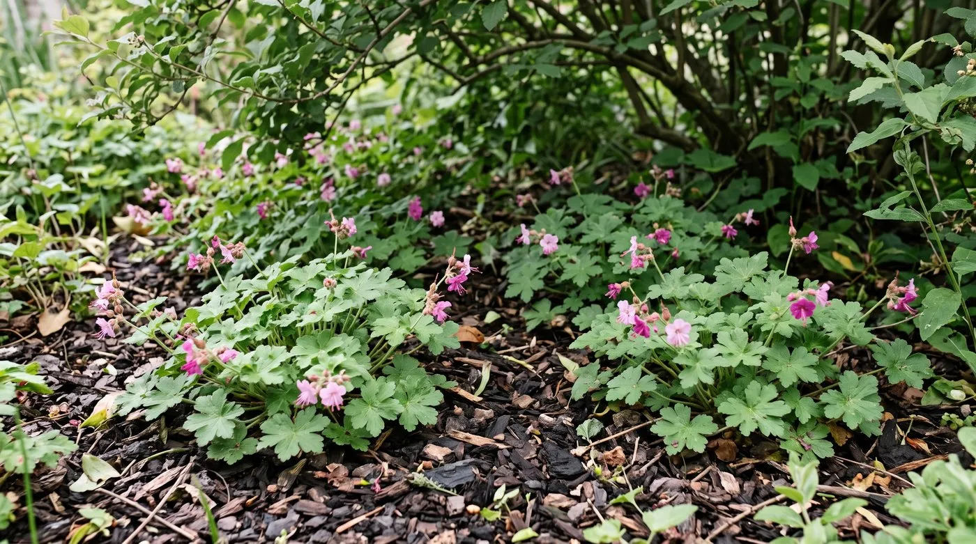 Young hardy geranium plants spreading to cover the ground, with bark mulch in the gaps