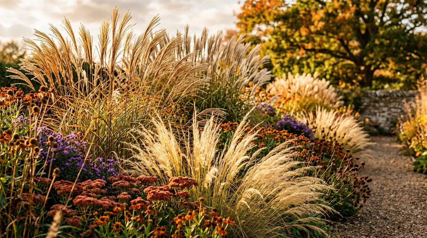 Ornamental grasses including miscanthus and stipa with seed heads catching autumn sunlight in a garden border