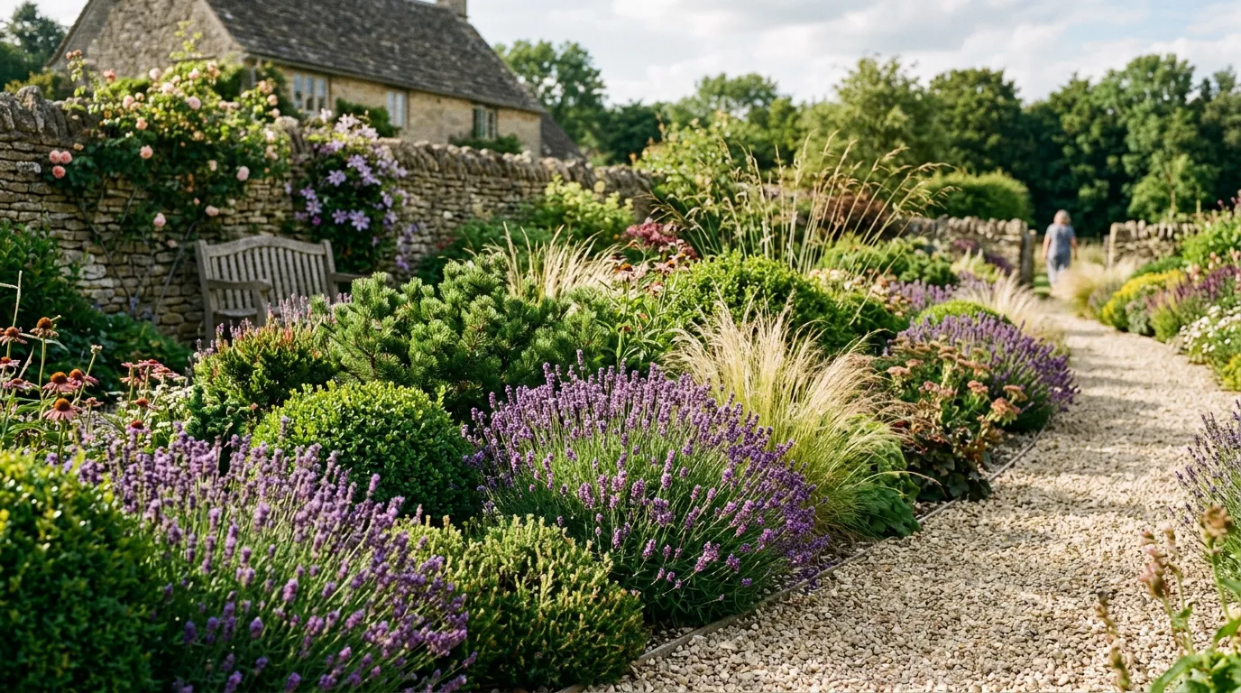 Mixed border of ornamental grasses lavender and evergreen shrubs in an easy-care UK garden with gravel mulch