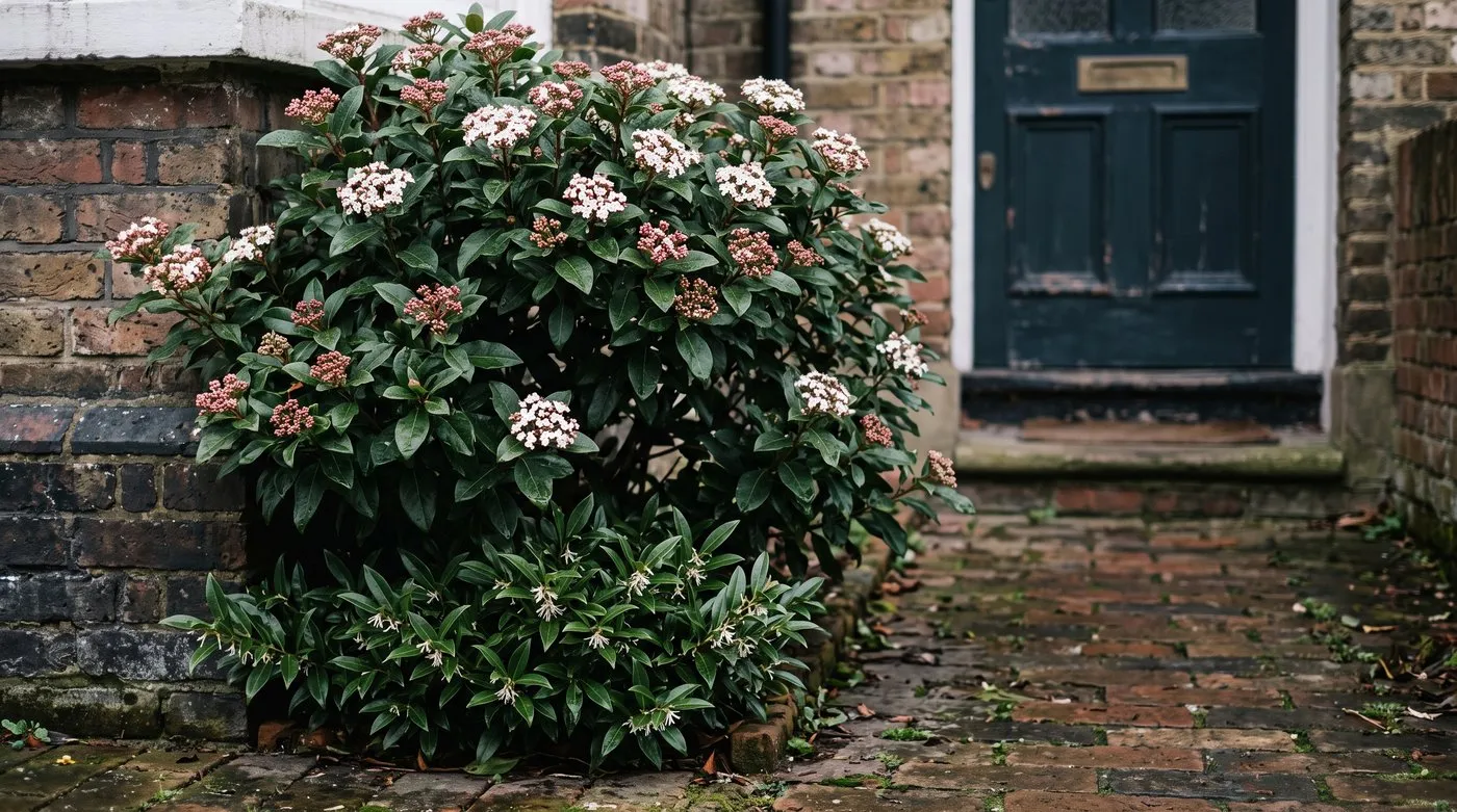 Viburnum tinus with white winter flowers and a low Christmas box beside a shady front door