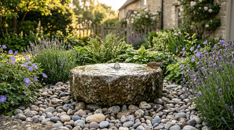 UK garden showing a pondless granite millstone water feature surrounded by lavender and geraniums in afternoon sunshine with