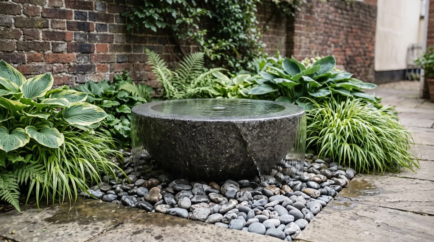 Granite bowl water feature overflowing into pebbles on a shady courtyard patio with ferns and hostas