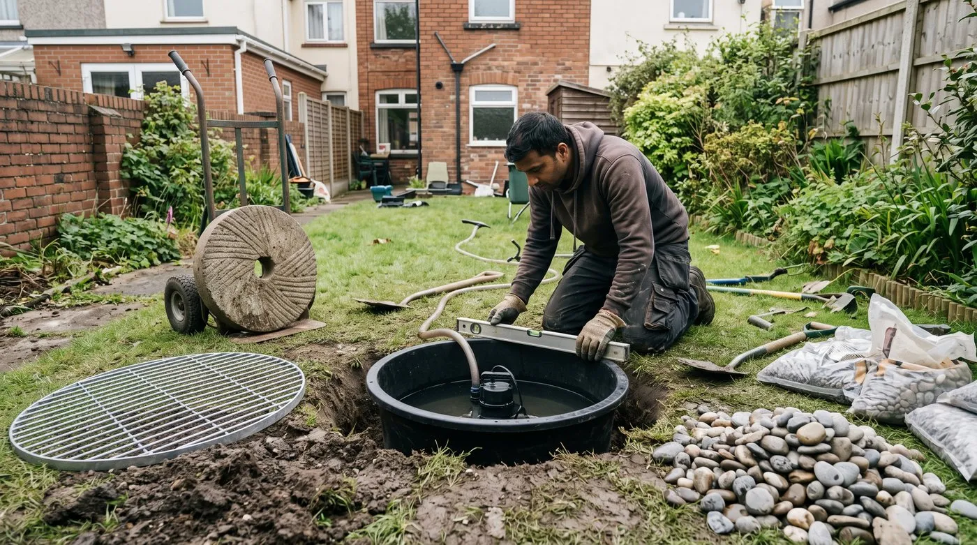 Buried reservoir with pump and hose being installed, a steel grid and millstone ready beside the hole