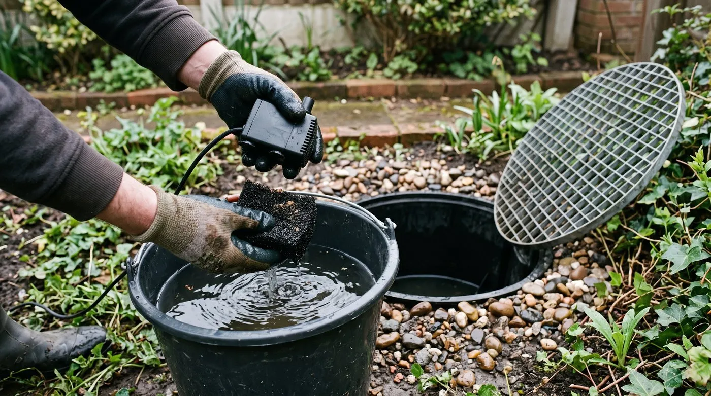 Gloved hands rinsing a water feature pump's sponge filter in a bucket beside the lifted reservoir grid