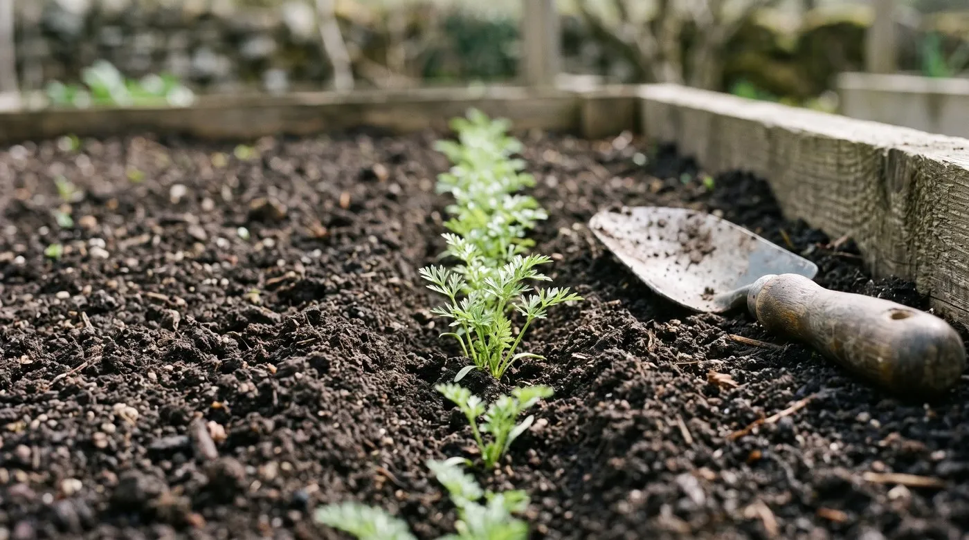 Feathery carrot seedlings coming up in a straight drill of fine soil in a raised bed