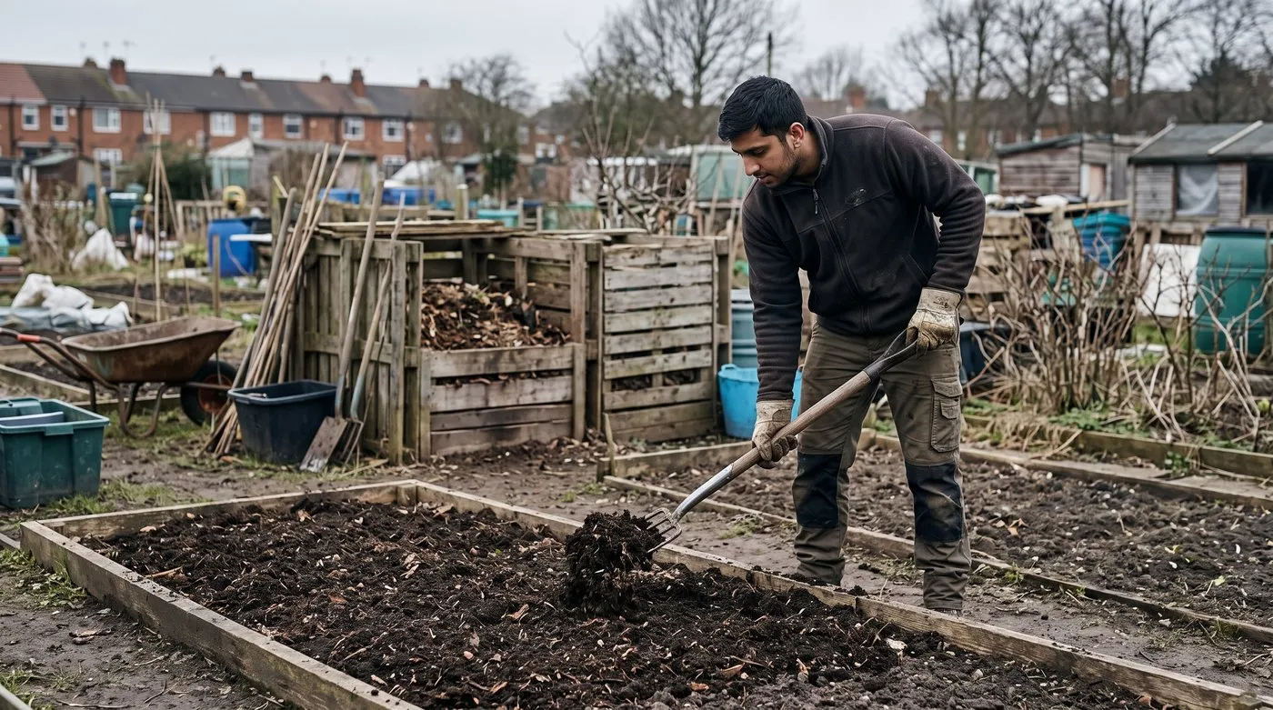 Man spreading dark home-made compost over an empty vegetable bed with a garden fork
