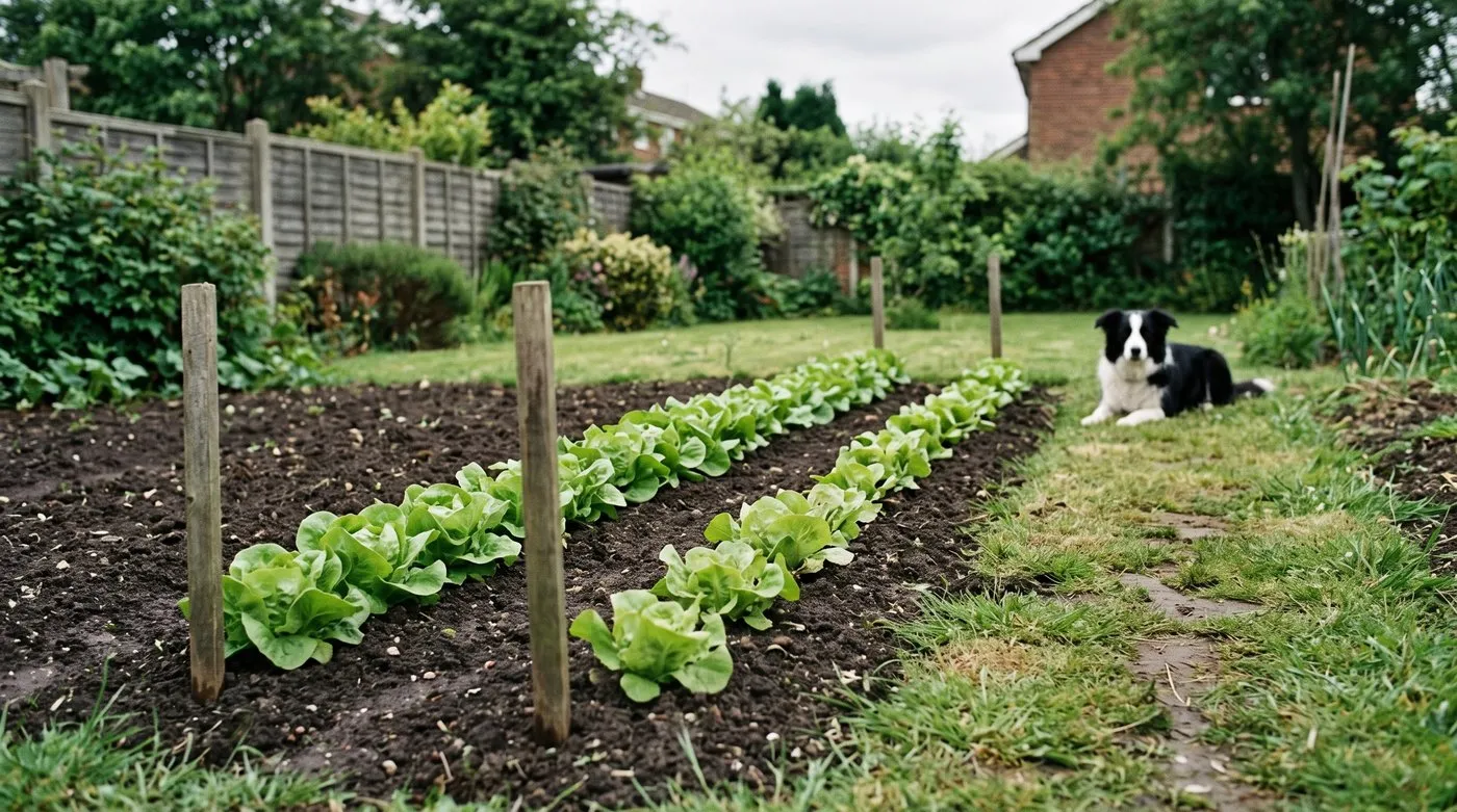 Two rows of young lettuce sown a week apart in a vegetable bed with a border collie lying on the path
