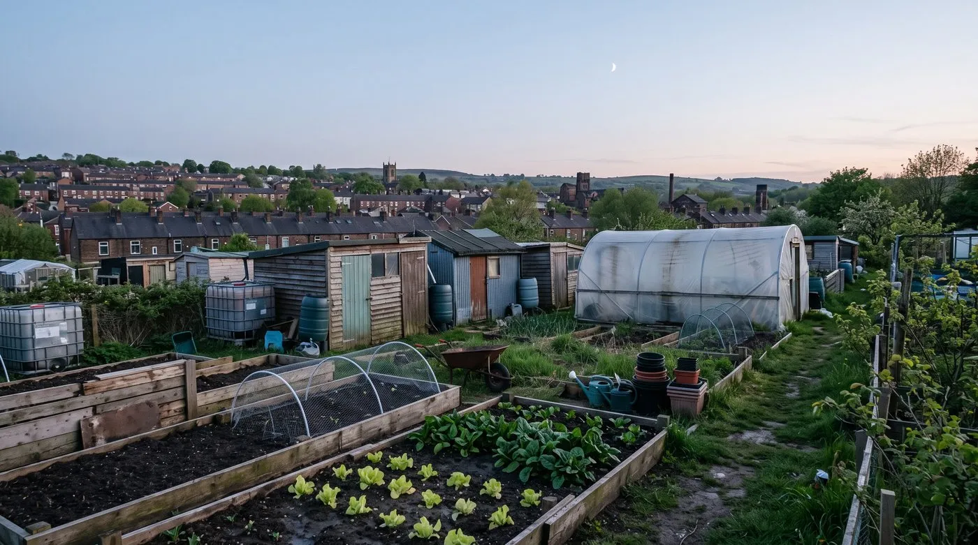 Allotment beds of young lettuce and spinach at dusk with a thin waxing crescent moon in the sky