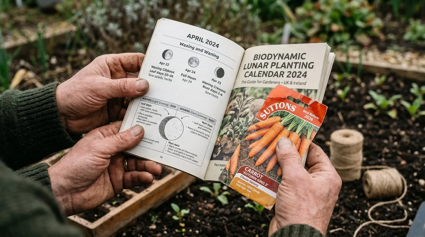 UK gardener's hands holding a biodynamic lunar planting calendar booklet showing waxing and waning moon phases beside a seed packet of carrots