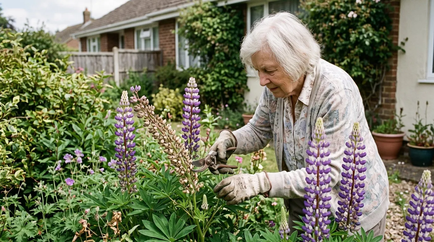 Older woman cutting a faded lupin spike back to the first side shoot with secateurs