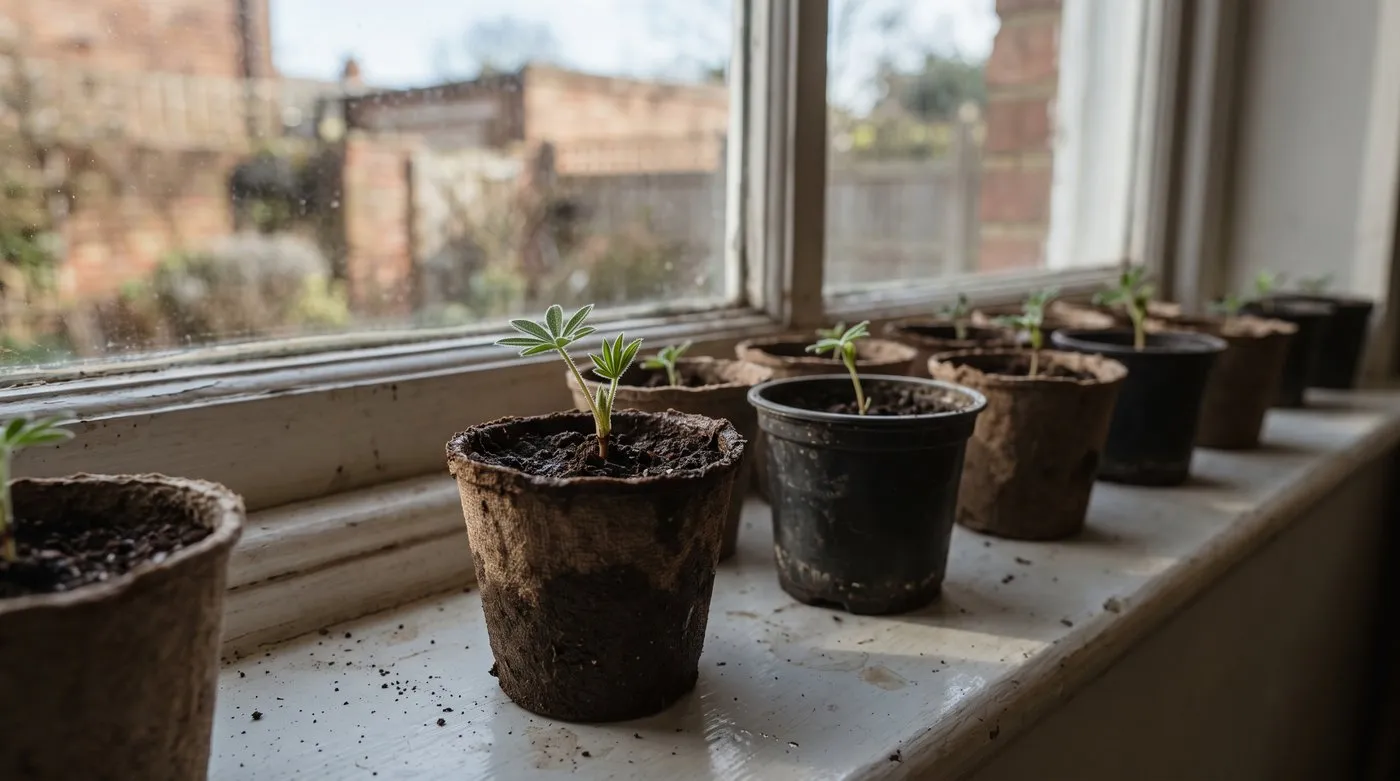 Young lupin seedlings with their first palmate leaves, one per pot, on a windowsill