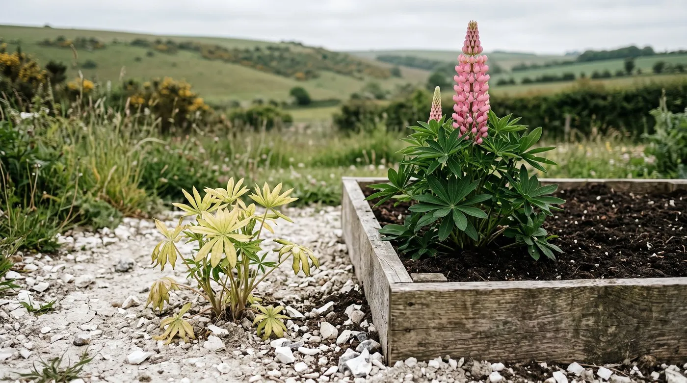 Lupin with yellowing leaves in chalky soil beside a healthy green lupin in a raised bed