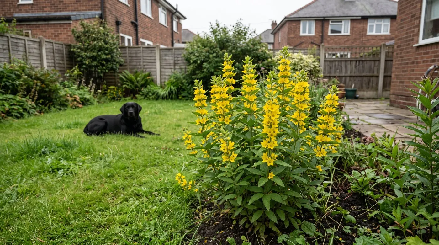 Yellow loosestrife with whorls of yellow star flowers in a damp border, with a black Labrador on the lawn
