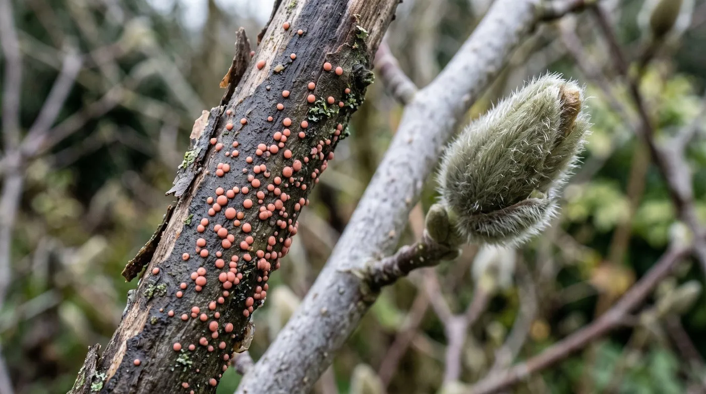Small coral-pink pustules of coral spot fungus on a dead magnolia twig