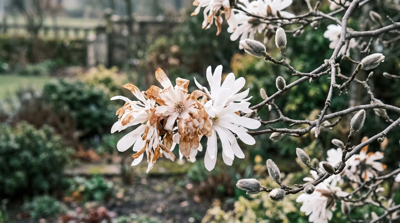 Star magnolia flowers with brown, frost-damaged petals beside unharmed white blooms