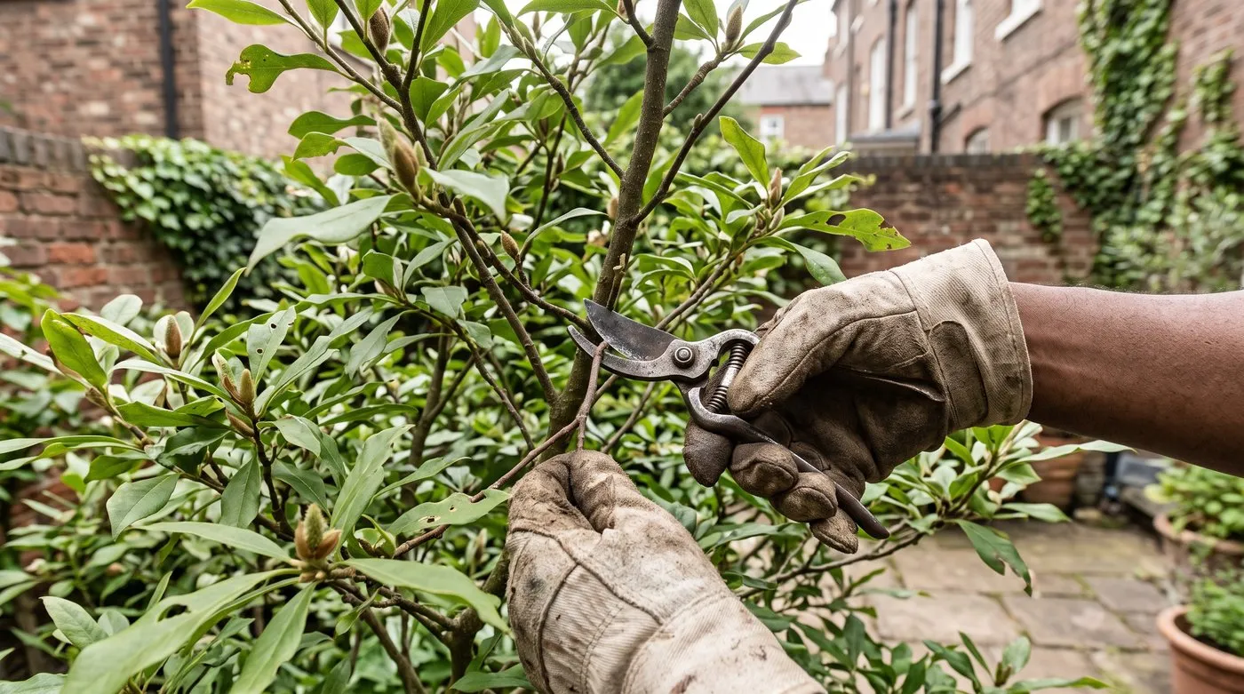 Gloved hands snipping a thin crossing twig from a magnolia in full summer leaf with secateurs