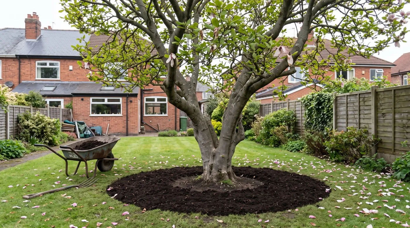 Ring of leaf mould mulch under a magnolia with a clear gap of bare soil left around the trunk