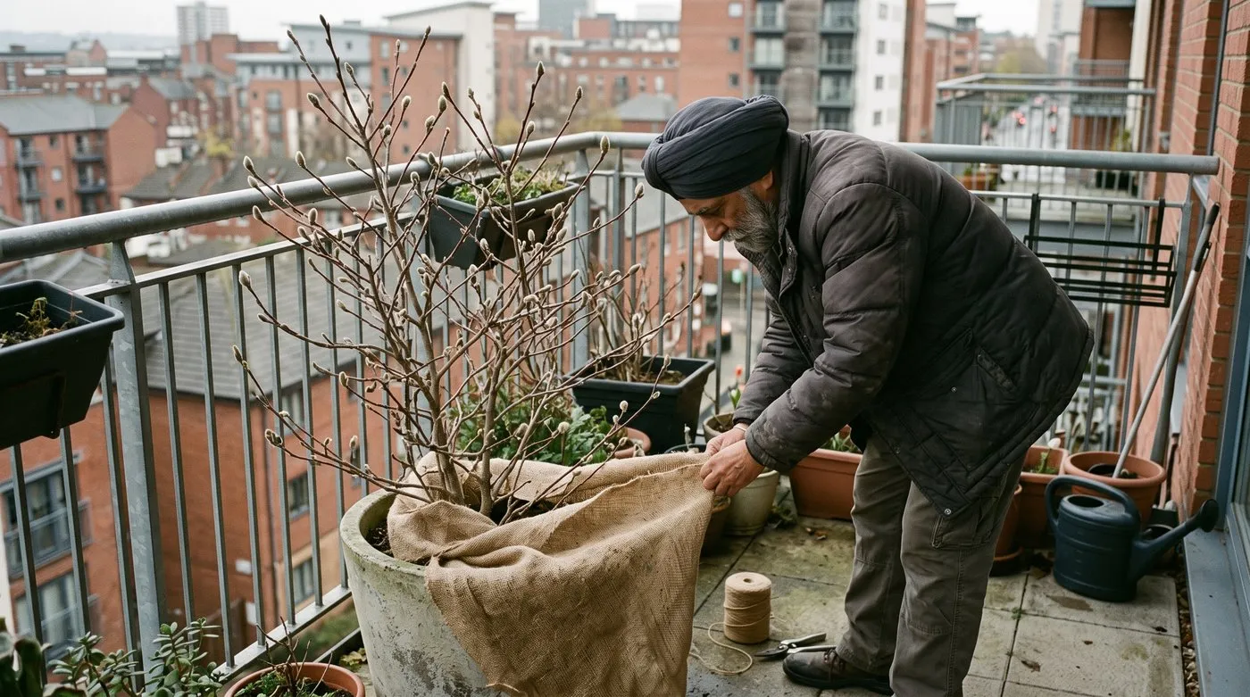 Man wrapping hessian around a large pot holding a star magnolia on a balcony in November